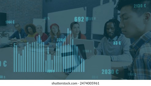 Image of financial data processing over diverse business people in office. Global business, finances, computing and data processing concept digitally generated image.