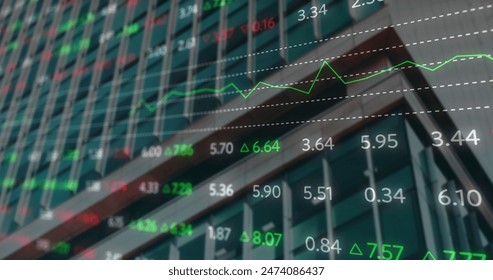 Image of financial data processing over modern office building. Global business, finance, computing and data processing concept digitally generated image. - Powered by Shutterstock