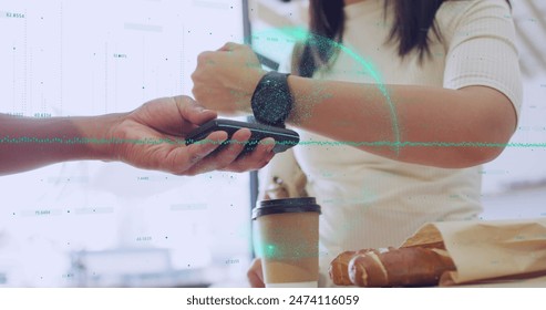 Image of financial data processing over woman paying with smartphone. Global online payment, business, finance, computing and data processing concept digitally generated image. - Powered by Shutterstock - Get 15% off with code: PIKWIZARD15