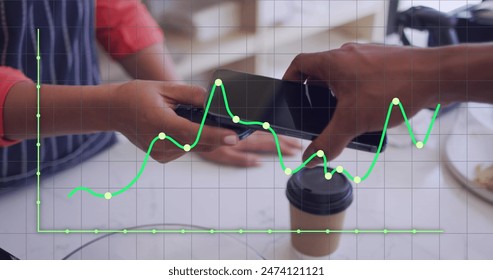 Image of financial data processing over man paying with smartphone. Global online payment, business, finance, computing and data processing concept digitally generated image.