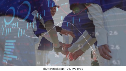 Image of financial data processing over diverse people teaming up. Global business, finances and digital interface concept digitally generated image.