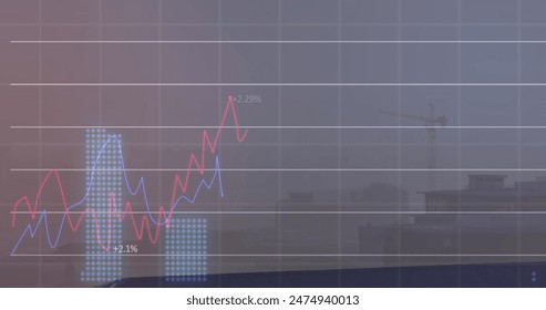 Image of financial data processing over cityscape. Global business finance and data processing concept digitally generated image.