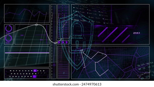 Image of financial data processing over padlock. Global business, finances, cloud computing and data processing concept digitally generated image.