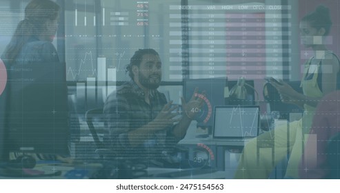 Image of financial data processing over diverse business people. Global business, finances, computing and data processing concept digitally generated image.