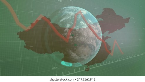 Image of financial data processing over globe and map of china. Global business, finances, computing and data processing concept digitally generated image.