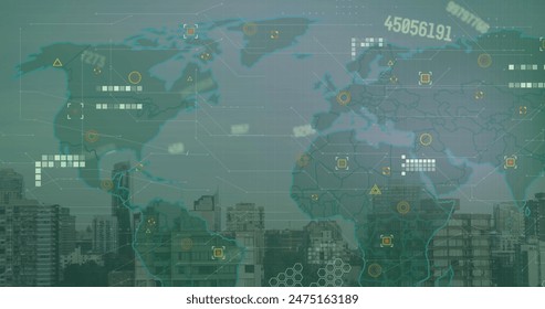 Image of financial data processing over map of world and cityscape. Global business, finances, computing and data processing concept digitally generated image.