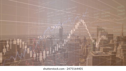 Image of financial data processing over cityscape. Global business, finances, computing and data processing concept digitally generated image.