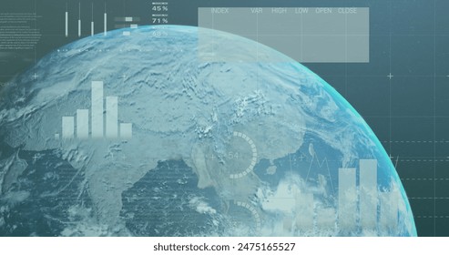 Image of financial data processing over globe. Global business, finances, computing and data processing concept digitally generated image.