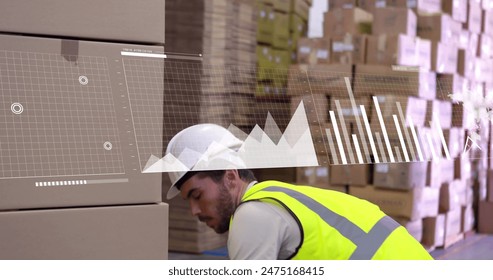 Image of financial data processing over caucasian man working in warehouse. Global shipping, business, finances, computing and data processing concept digitally generated image.
