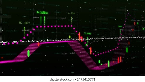 Image of financial data processing over world map, copy space. Global business, finances, computing and data processing concept digitally generated image