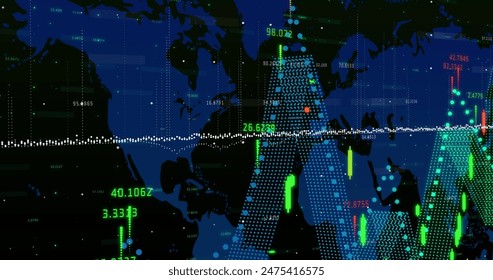 Image of financial data processing over world map, copy space. Global business, finances, computing and data processing concept digitally generated image