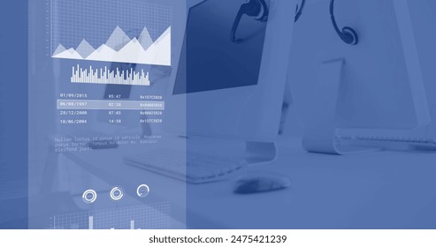 Image of financial data processing over office, copy space. Global business, finances, computing and data processing concept digitally generated image