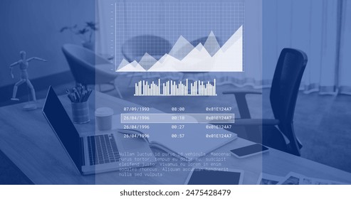 Image of financial data processing over office, copy space. Global business, finances, computing and data processing concept digitally generated image