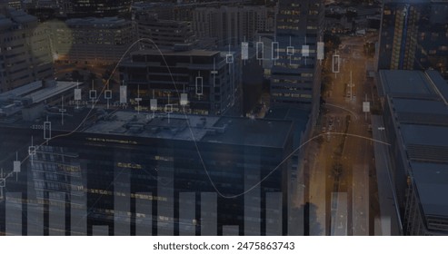 Image of financial data processing over cityscape. global finance, business and data processing concept digitally generated image.