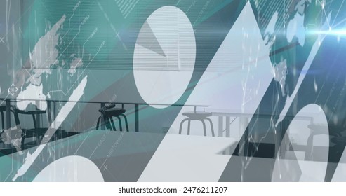 Image of financial data processing over office. Global business, finances, computing and data processing concept digitally generated image.