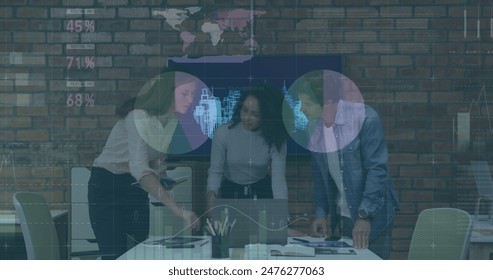 Image of financial data processing over diverse business people in office. Global computing, digital interface and data processing concept digitally generated image.