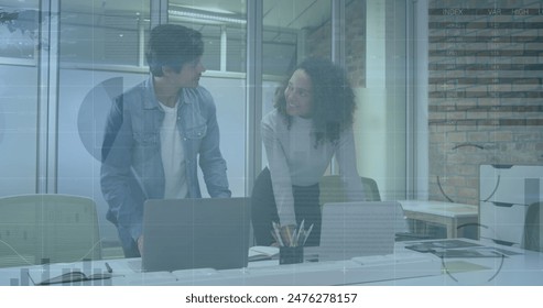 Image of financial data processing over diverse business people in office. Global computing, digital interface and data processing concept digitally generated image.