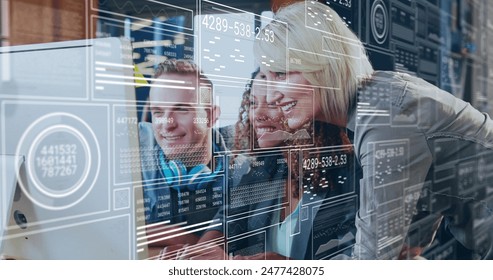 Image of financial data processing over diverse business people in office. Global business, finances, computing and data processing concept digitally generated image.