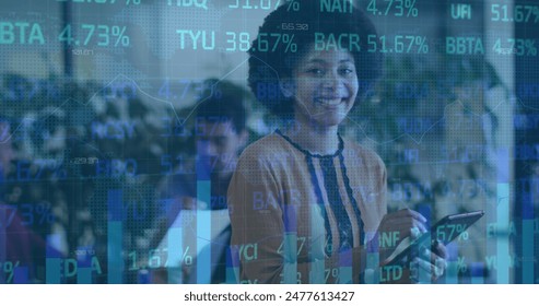 Image of financial data processing over businesswoman in office. Global finance, business and data processing concept digitally generated image.