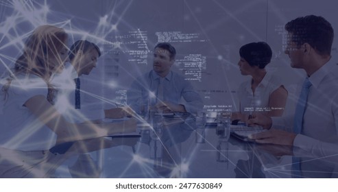 Image of financial data processing over business people in office. Global business, finance, computing and data processing concept digitally generated image.