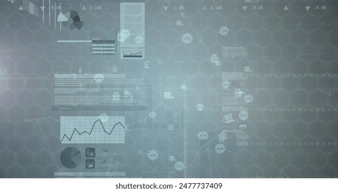 Image of financial data processing over grey background. global business, finances, data processing and digital interface concept digitally generated image.