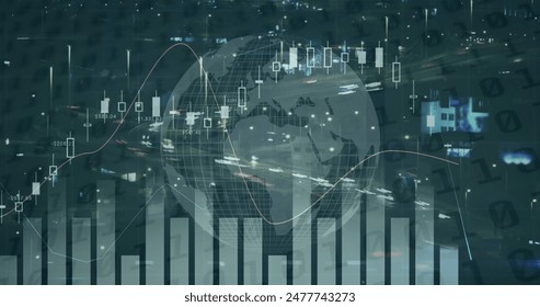 Image of financial data processing over cityscape. global business, finances, data processing and digital interface concept digitally generated image.
