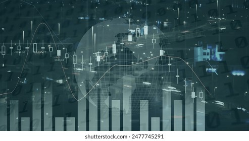 Image of financial data processing over cityscape. global business, finances, data processing and digital interface concept digitally generated image.