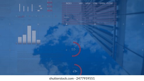 Image of financial data processing over cityscape. Global business, finances, computing and data processing concept digitally generated image.