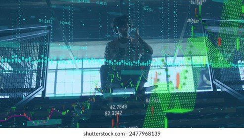 Image of financial data processing over biracial man with skateboard using smartphone. Global business, finances, computing and data processing concept digitally generated image.