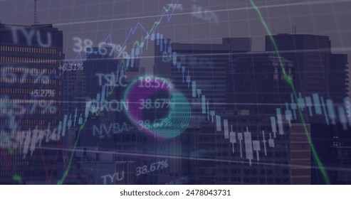 Image of financial data processing over cityscape. Global business, finances, computing and data processing concept digitally generated image.