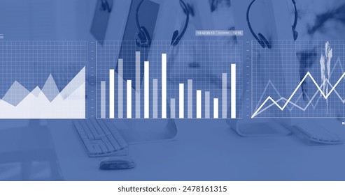 Image of financial data processing over empty desks in office. Global business, finance, cloud computing and data processing concept digitally generated image.