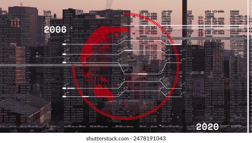 Image of financial data processing over cityscape. Global business, finances, computing and data processing concept digitally generated image.