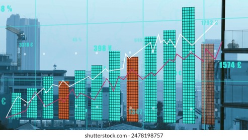 Image of financial data processing over citycape. Global business, finances, computing and data processing concept digitally generated image.