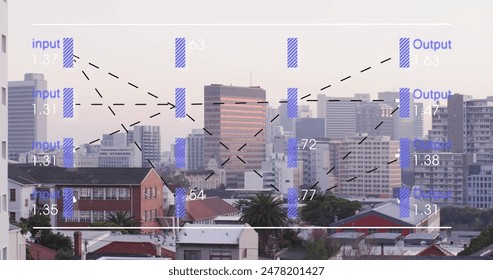 Image of financial data processing over citycape. Global business, finances, computing and data processing concept digitally generated image.