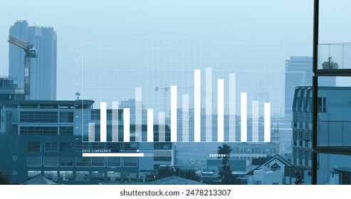 Image of financial data processing over citycape. Global business, finances, computing and data processing concept digitally generated image.