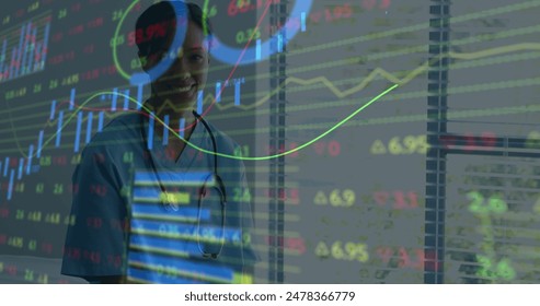 Image of financial data processing over african american female doctor. Global finances, medicine and digital interface concept digitally generated image.