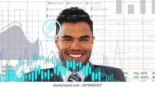 Image of financial data processing over biracial businessman with model of house. Global business, finances, computing and data processing concept digitally generated image.