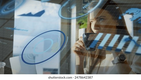 Image of financial data processing over caucasian businesswoman using laptop. Global computing, digital interface and data processing concept digitally generated image.