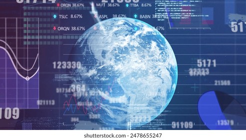Image of financial data processing over globe. Global business, finances, computing and data processing concept digitally generated image.