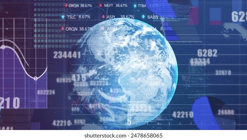 Image of financial data processing over globe. Global business, finances, computing and data processing concept digitally generated image.