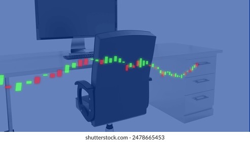 Image of financial data processing over desk with computer in office. Global computing, digital interface and data processing concept digitally generated image.