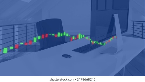 Image of financial data processing over desk with computer in office. Global computing, digital interface and data processing concept digitally generated image.