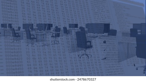 Image of financial data processing over desks with computer in office. Global computing, digital interface and data processing concept digitally generated image.