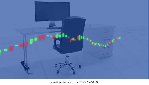Image of financial data processing over desk with computer in office. Global finance, business, connections, computing and data processing concept digitally generated image.