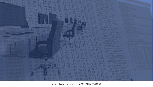 Image of financial data processing over desks with computer in office. Global computing, digital interface and data processing concept digitally generated image.