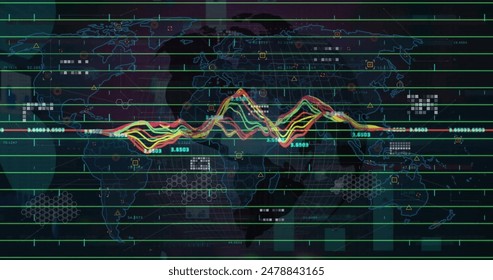 Image of financial data processing over world map. Global business, finance, connections, computing and data processing concept digitally generated image.