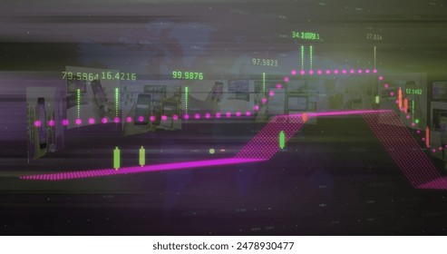 Image of financial data processing over screens. Global finance, business, connections, computing and data processing concept digitally generated image.