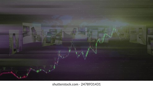 Image of financial data processing over screens. Global finance, business, connections, computing and data processing concept digitally generated image.