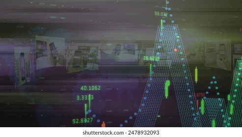 Image of financial data processing over screens. Global finance, business, connections, computing and data processing concept digitally generated image.