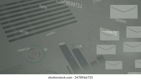 Image of financial data processing over grey background. Global finance, business, connections, computing and data processing concept digitally generated image.